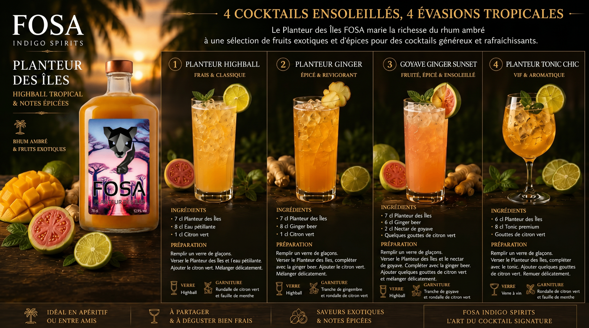 Planche cocktails Planteur des Îles FOSA Indigo Spirits, visuel final de marque.