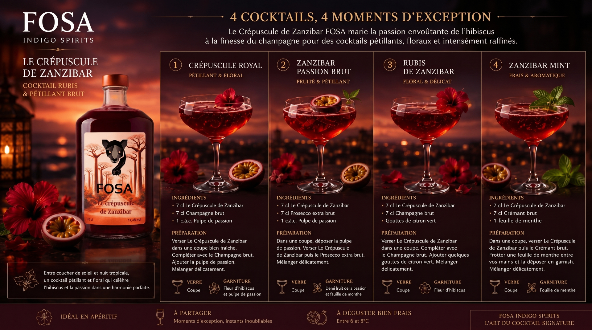 Planche cocktails Le Crépuscule de Zanzibar FOSA Indigo Spirits, visuel final de marque.