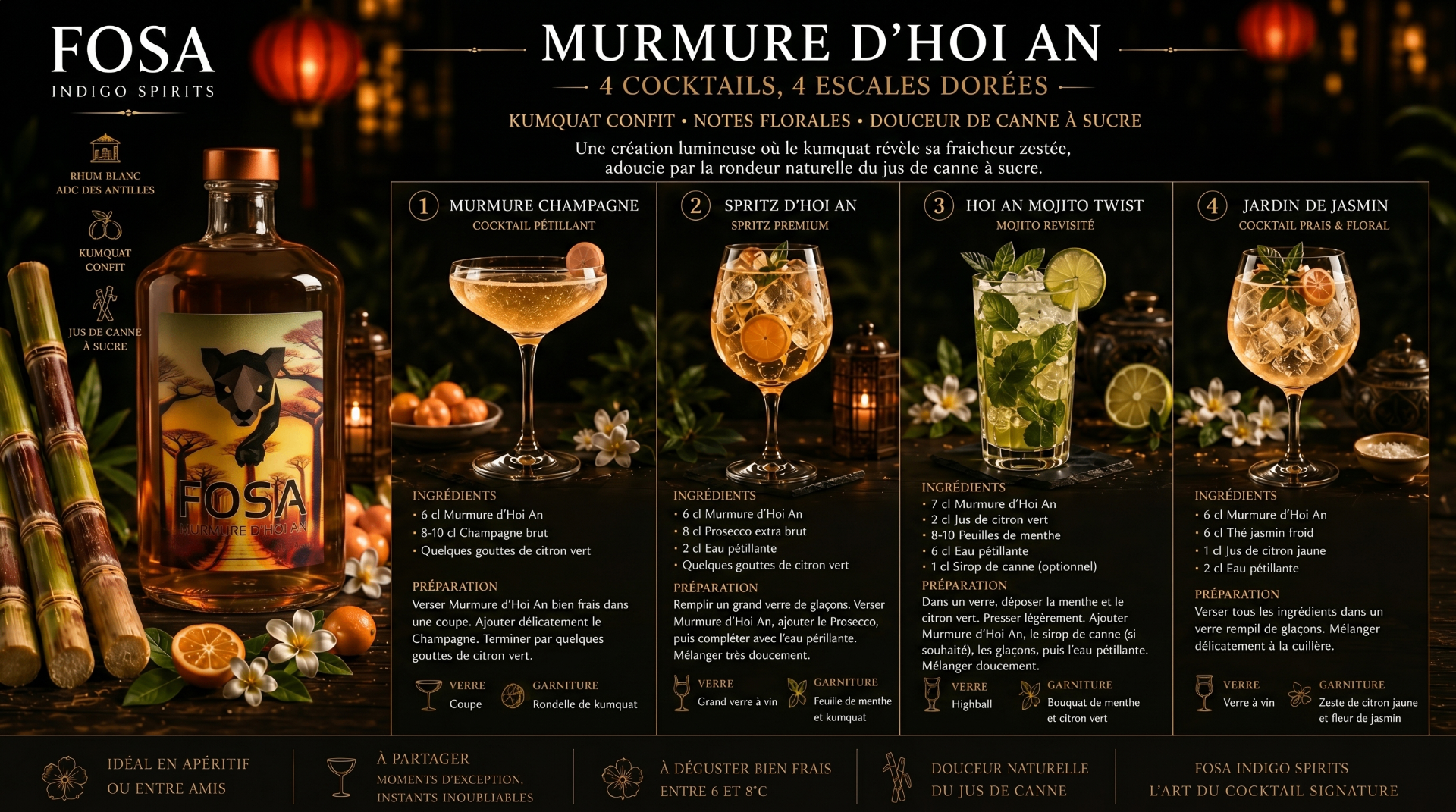 Planche cocktails Murmure d’Hoi An FOSA Indigo Spirits, visuel final de marque.