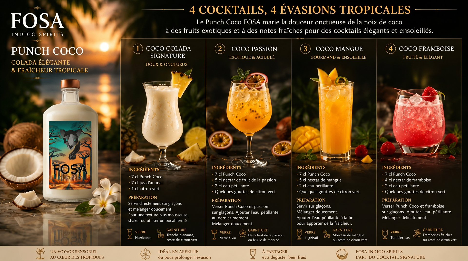 Planche cocktails Punch Coco FOSA Indigo Spirits, visuel final de marque.